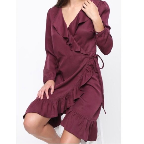 ANTHROPOLGIE mo:vint Tencel Plum Purple Ruffle Wrap Dress Size Small - Picture 4 of 16